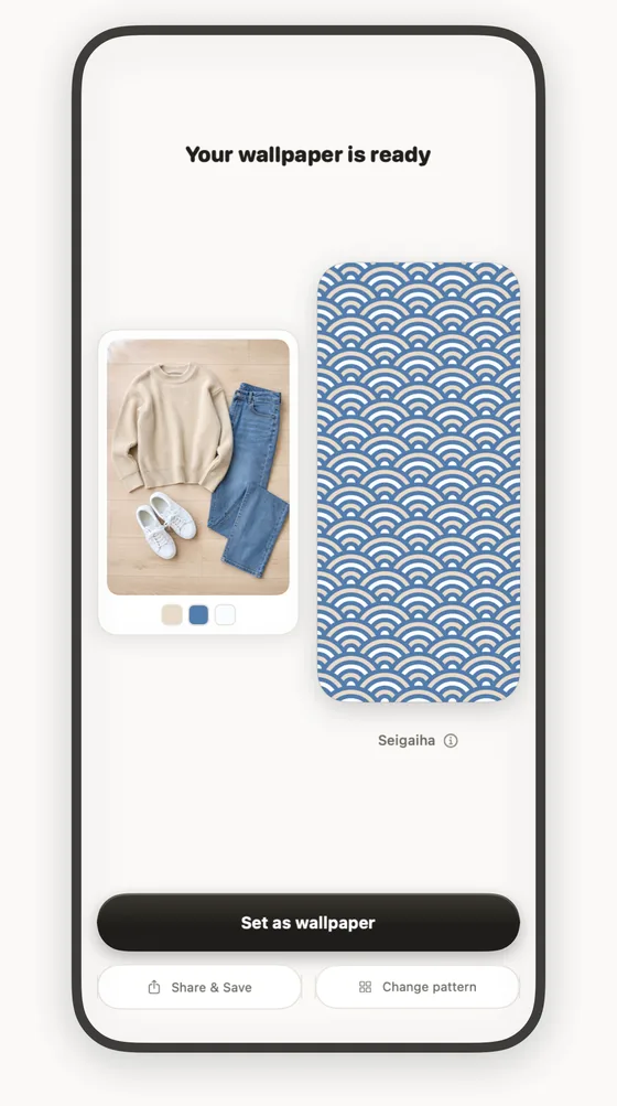 The finished screen: the outfit, the wallpaper it became, and the button that sets it